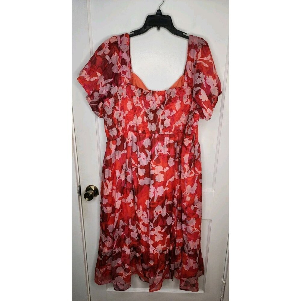 TORRID Floral Midi Dress Size 3X Smocked Lace Up Clip Dot Ruffled Empire Waist - Picture 2 of 6